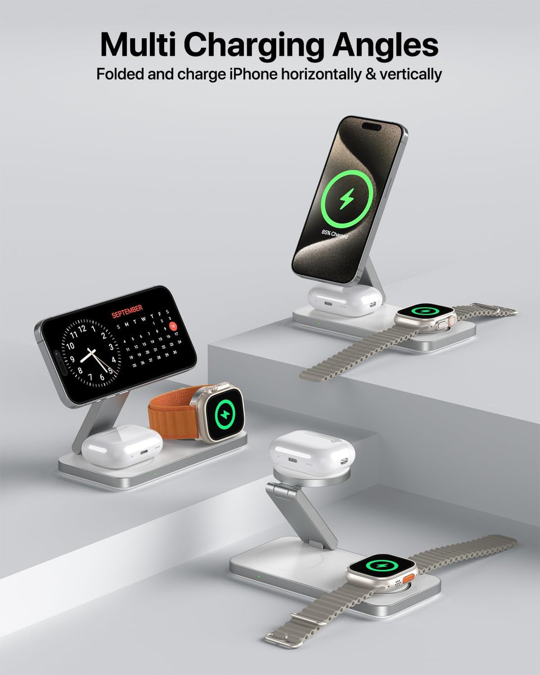Keepro 3 in 1 Wireless Charging Station for iPhone Magnetic Portable, Fast Wireless Charger Stand for iPhone Air/17/16/15/14/13/12, AirPods Pro 3 2 Apple Watch (Adapter Included)-White