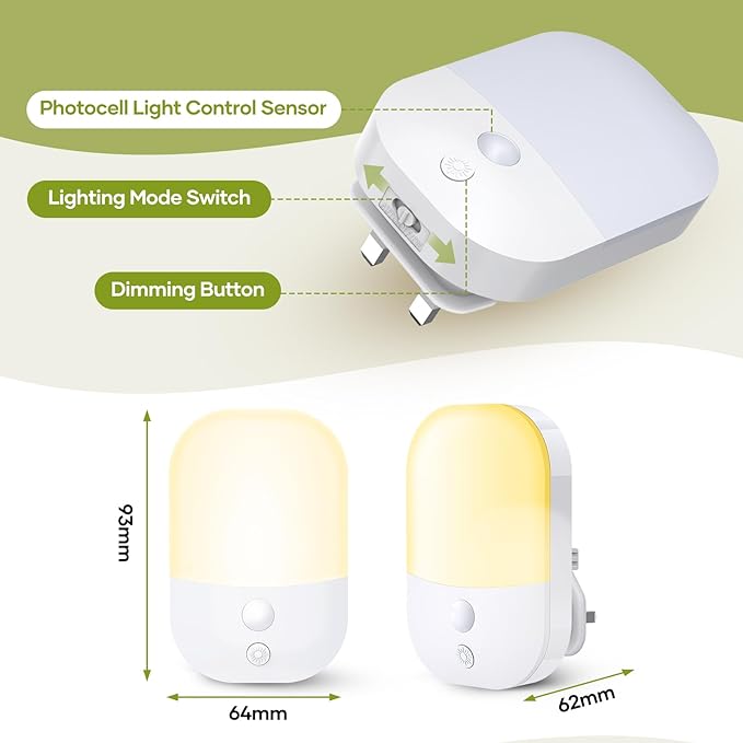 2 Pack Plug in Night Light with Dusk to Dawn Photocell Sensor, 5 Adjustable Brightness Levels, ON/Off/AUTO Modes, 3000K Warm White LED Night Light for Baby , Bedrooms, 0.3W
