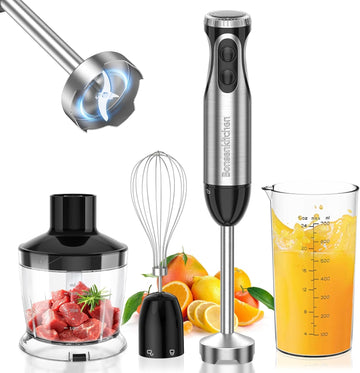 Hand Immersion Blender Powerful 4-in-1,Stainless Steel Stick Food Mixer,700ml Mixing Beaker,500ml Processor,Whisk