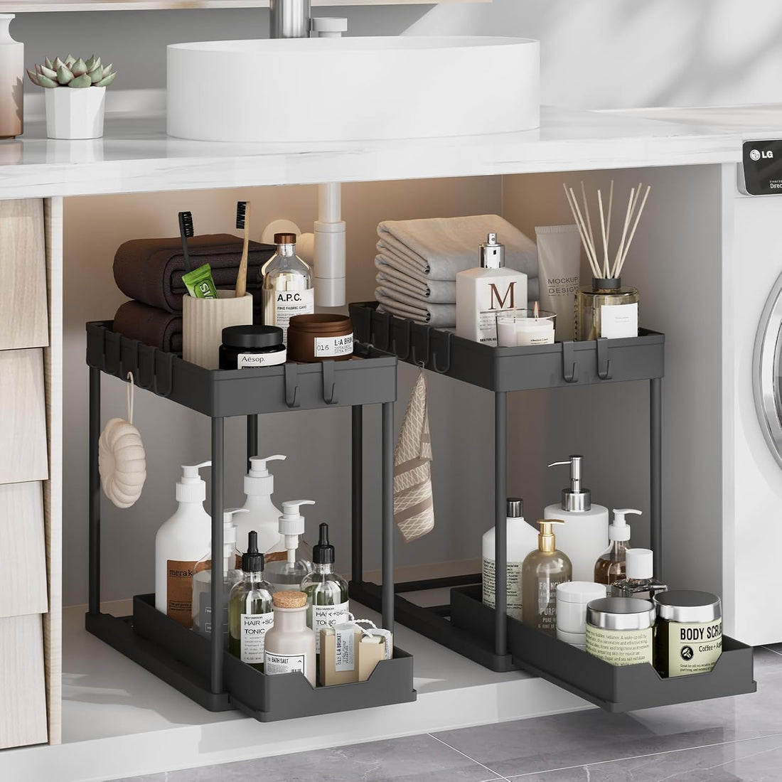 2-Tier Sliding Sink Organizer Rack with Hooks – Hanging Cup-New Bathroom Kitchen Space-Saving Rack