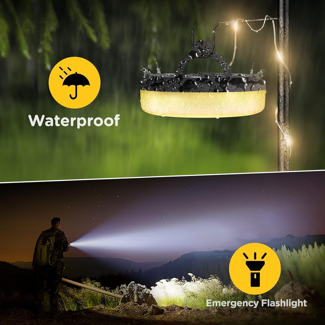 2PCS 10M Portable Camping String Lights Outdoor Waterproof Stowable String Light