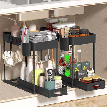 2-Tier Sliding Sink Organizer Rack with Hooks – Hanging Cup-New Bathroom Kitchen Space-Saving Rack